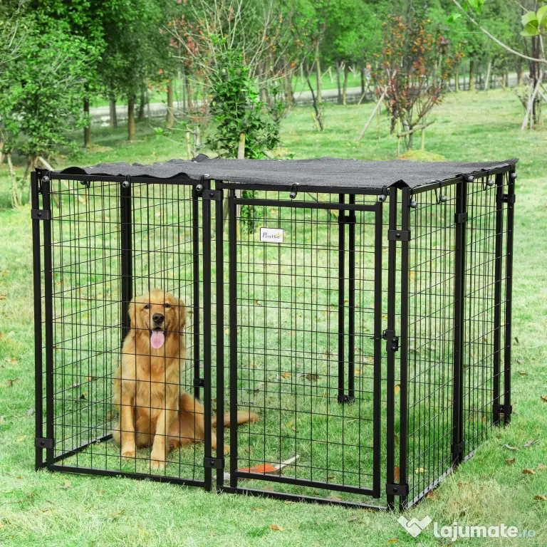 Tarc pentru Caini PawHut din Otel Pliabil cu Acoperis, Tarc pentru Animale cu 8 Panouri cu Usa Blocabila, 141x141x113cm, Negru