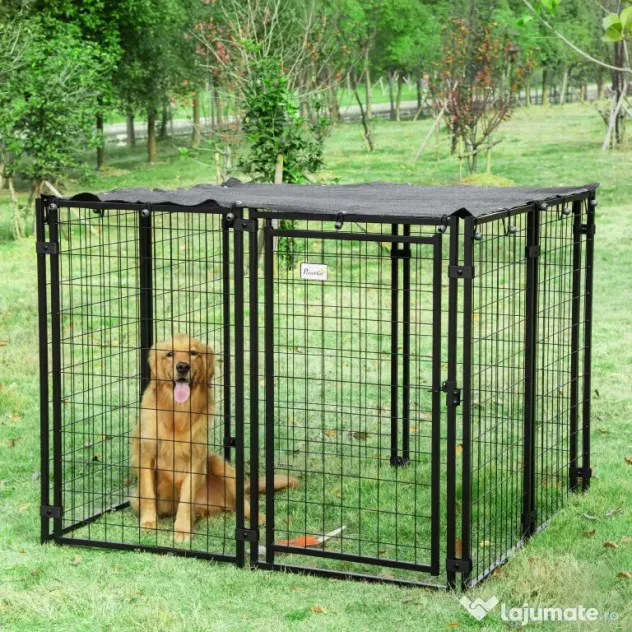Tarc pentru Caini PawHut din Otel Pliabil cu Acoperis, Tarc pentru Animale cu 8 Panouri cu Usa Blocabila, 141x141x113cm, Negru