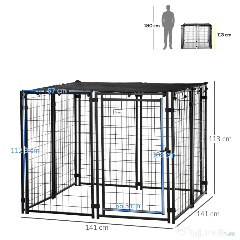 Tarc pentru Caini PawHut din Otel Pliabil cu Acoperis, Tarc pentru Animale cu 8 Panouri cu Usa Blocabila, 141x141x113cm, Negru