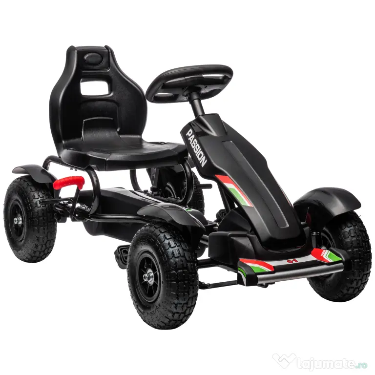 HOMCOM Go Kart cu Pedale pentru Copii 5-12 Ani din PP și Metal, Negru, cu Scaun Reglabil și Frână de Mână, 121x58x61 cm
