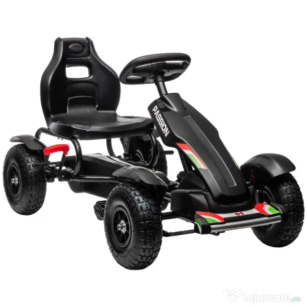 HOMCOM Go Kart cu Pedale pentru Copii 5-12 Ani din PP și Metal, Negru, cu Scaun Reglabil și Frână de Mână, 121x58x61 cm
