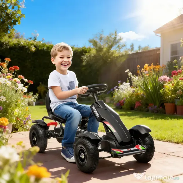 HOMCOM Go Kart cu Pedale pentru Copii 5-12 Ani din PP și Metal, Negru, cu Scaun Reglabil și Frână de Mână, 121x58x61 cm