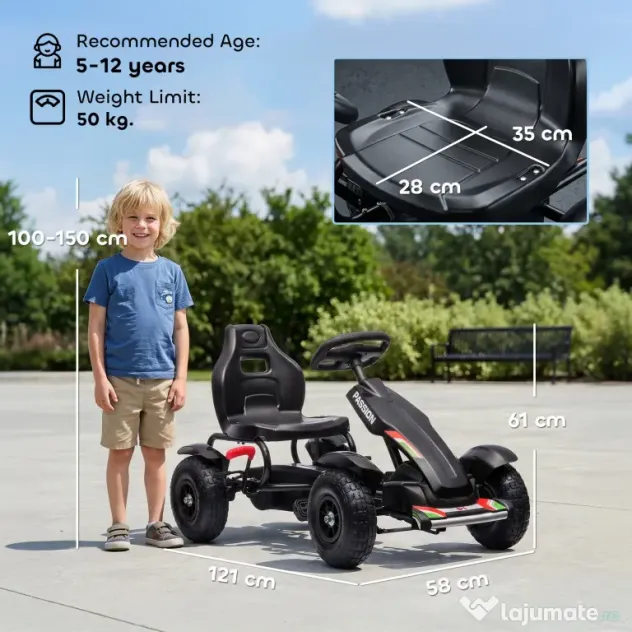 HOMCOM Go Kart cu Pedale pentru Copii 5-12 Ani din PP și Metal, Negru, cu Scaun Reglabil și Frână de Mână, 121x58x61 cm