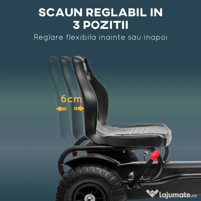 HOMCOM Go Kart cu Pedale pentru Copii 5-12 Ani din PP și Metal, Negru, cu Scaun Reglabil și Frână de Mână, 121x58x61 cm