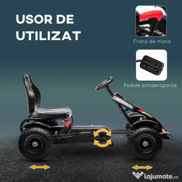 HOMCOM Go Kart cu Pedale pentru Copii 5-12 Ani din PP și Metal, Negru, cu Scaun Reglabil și Frână de Mână, 121x58x61 cm