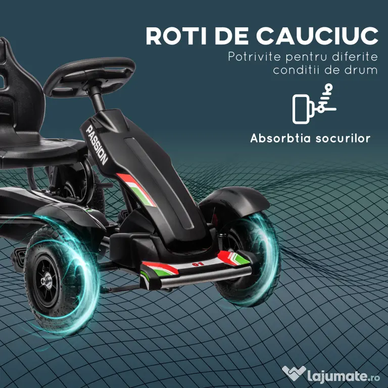 HOMCOM Go Kart cu Pedale pentru Copii 5-12 Ani din PP și Metal, Negru, cu Scaun Reglabil și Frână de Mână, 121x58x61 cm
