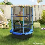 HOMCOM Trambulină pentru copii cu plasă de siguranță și stâlpi căptușiți, vârsta 3-10 ani, Ø140 x 190 cm, albastră