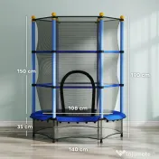 HOMCOM Trambulină pentru copii cu plasă de siguranță și stâlpi căptușiți, vârsta 3-10 ani, Ø140 x 190 cm, albastră