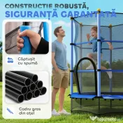 HOMCOM Trambulină pentru copii cu plasă de siguranță și stâlpi căptușiți, vârsta 3-10 ani, Ø140 x 190 cm, albastră