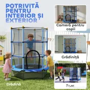 HOMCOM Trambulină pentru copii cu plasă de siguranță și stâlpi căptușiți, vârsta 3-10 ani, Ø140 x 190 cm, albastră