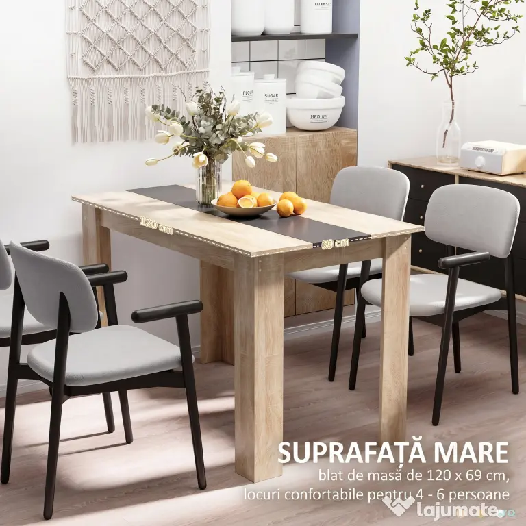 HOMCOM Masă de sufragerie modernă din lemn pentru 4-6 persoane, 120x69x75cm, culoare negru și lemn