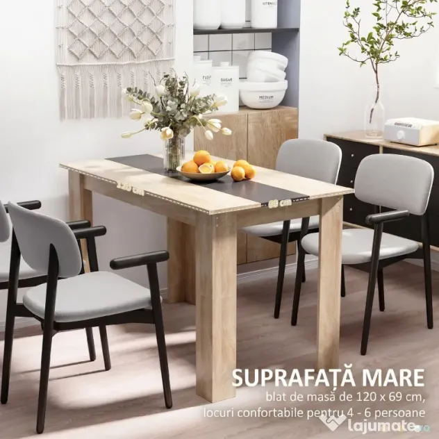 HOMCOM Masă de sufragerie modernă din lemn pentru 4-6 persoane, 120x69x75cm, culoare negru și lemn