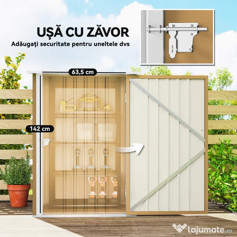 Outsunny Șopron de Grădină 0.92m² din Oțel Galvanizat, Depozit pentru Unelte cu Ușă cu Sistem de Blocare, Acoperiș Înclinat, 100x104x160 cm, Galben