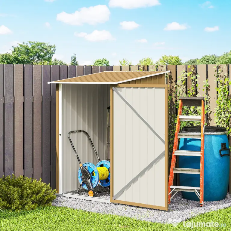 Outsunny Șopron de Grădină 0.92m² din Oțel Galvanizat, Depozit pentru Unelte cu Ușă cu Sistem de Blocare, Acoperiș Înclinat, 100x104x160 cm, Galben