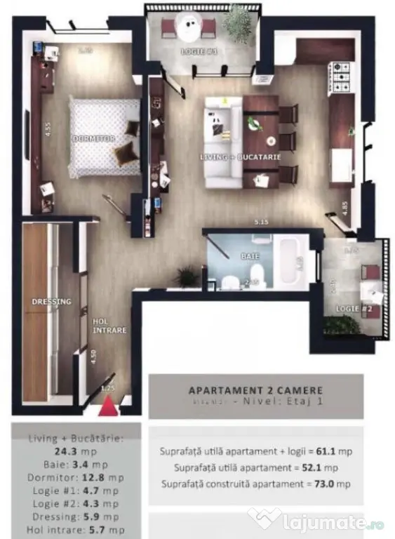 Apartament 2 camere, 52,1 mp | Zona Vivo | Floresti |