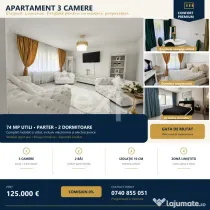 Apartament deosebit, 3 camere, 74 mp, complet mobilat și ut