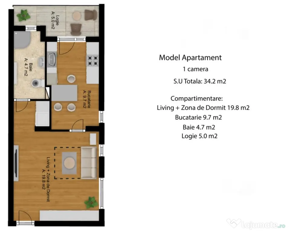 Apartament 1 camera, 34 mp, decomandat, Zona Eroilor - Floresti (Cluj)