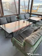 Set mobilier terasă – masă lemn masiv + fotolii/canapele metalice