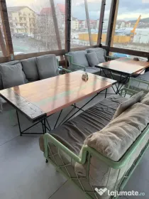 Set mobilier terasă – masă lemn masiv + fotolii/canapele metalice