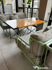 Set mobilier terasă – masă lemn masiv + fotolii/canapele metalice