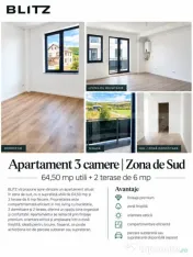 Apartament 3 camere, 64,5 mp + terasă, Zona de Sud, finisaj