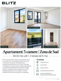 Apartament 3 camere, 64,5 mp + terasă, Zona de Sud, finisaj 