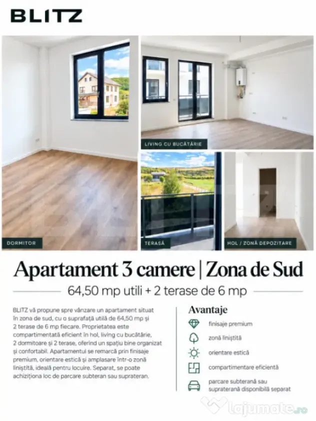 Apartament 3 camere, 64,5 mp + terasă, Zona de Sud, finisaj - Bistrita (Bistrita-Nasaud)