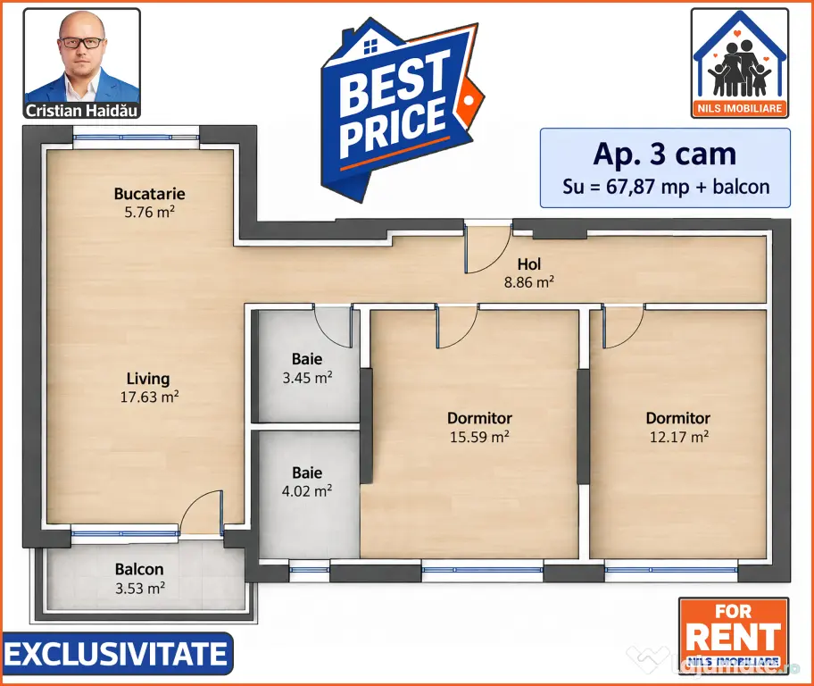 De inchiriat: Apartament 3 camere | Bloc nou | Mall Grand Arena - S4