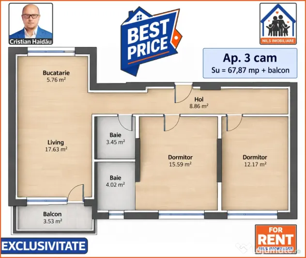 De inchiriat: Apartament 3 camere | Bloc nou | Mall Grand Arena - S4