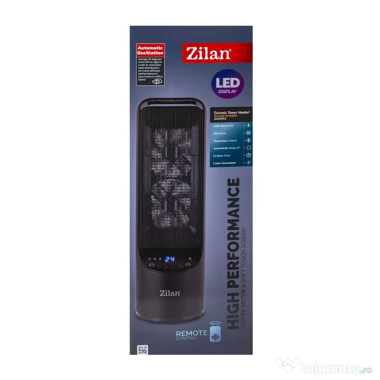 Aeroterma ceramica turn, putere 2000W, timer 12H, 2 trepte de viteza, cu telecomanda / ZLN 2052