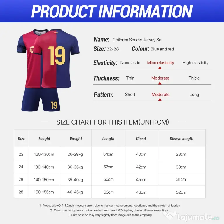 Echipament de fotbal pentru juniori: tricou, pantaloni scurți, șosete și proteje-gambe – roșu-albastru 22