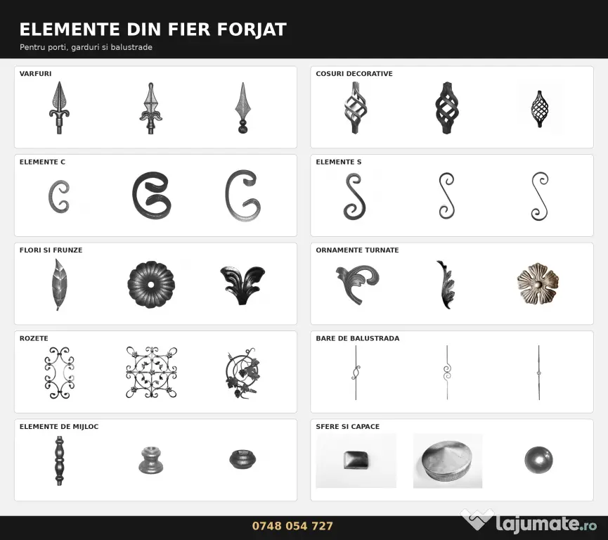 Elemente fier forjat: varfuri, cosuri, rozete, C S, balustrade