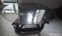 Măsuță de cafea ovală, blat sticlă securizată fumurie și cadru pal (cu rotile) 