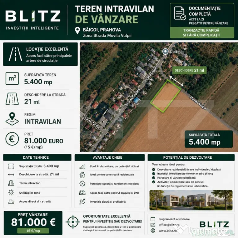 Teren intravilan 5400 mp, deschidere 22 ml, in Baicoi - Baicoi (Prahova)
