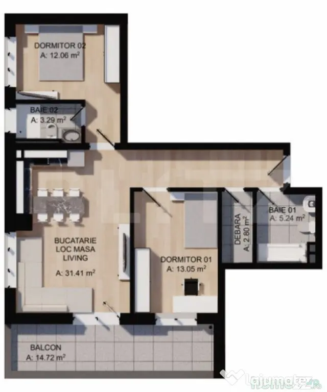 Apartament 3 camere, 68mp, 2bai, terasa 15mp, parcare, zona - Floresti (Cluj)