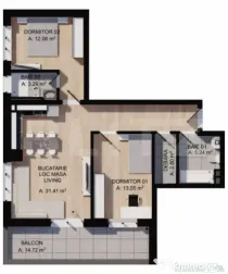 Apartament 3 camere, 68mp, 2bai, terasa 15mp, parcare, zona