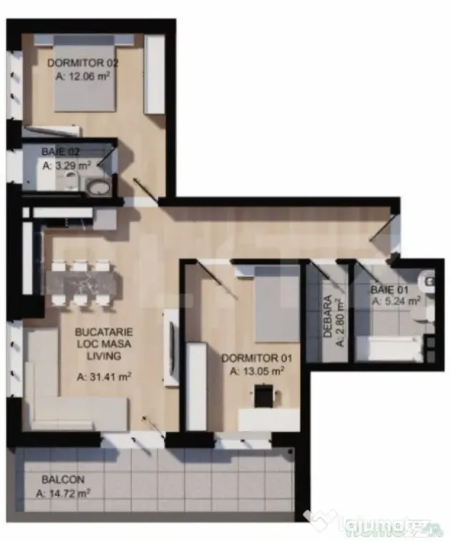 Apartament 3 camere, 68mp, 2bai, terasa 15mp, parcare, zona - Floresti (Cluj)