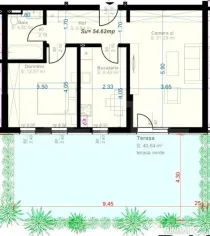 Apartament cu 2 camere, decomandat, 52 mp utili, gradina de