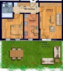 Apartament cu 2 camere, decomandat, 54 mp utili, gradina de