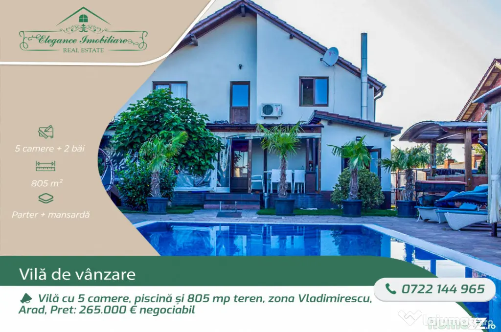 Vilă cu 5 camere, piscină și 805 mp teren, zona Vladimire