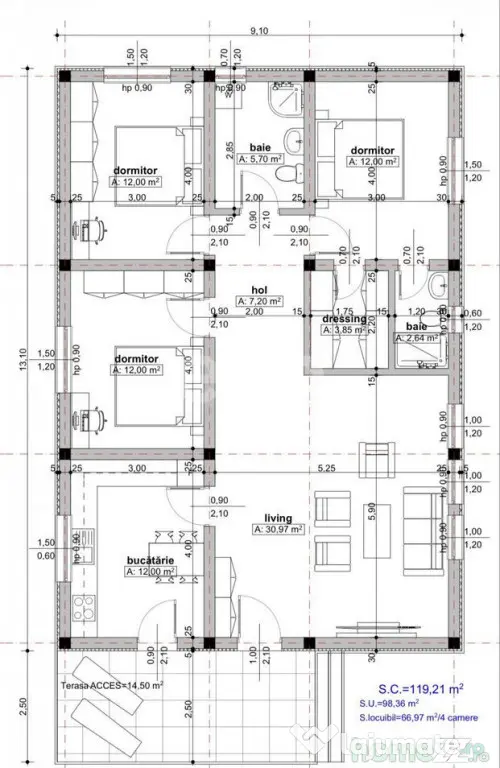 Casă parter 4 camere, la cheie, teren 400 mp, zonă central