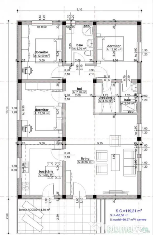 Casă parter 4 camere, la cheie, teren 400 mp, zonă central