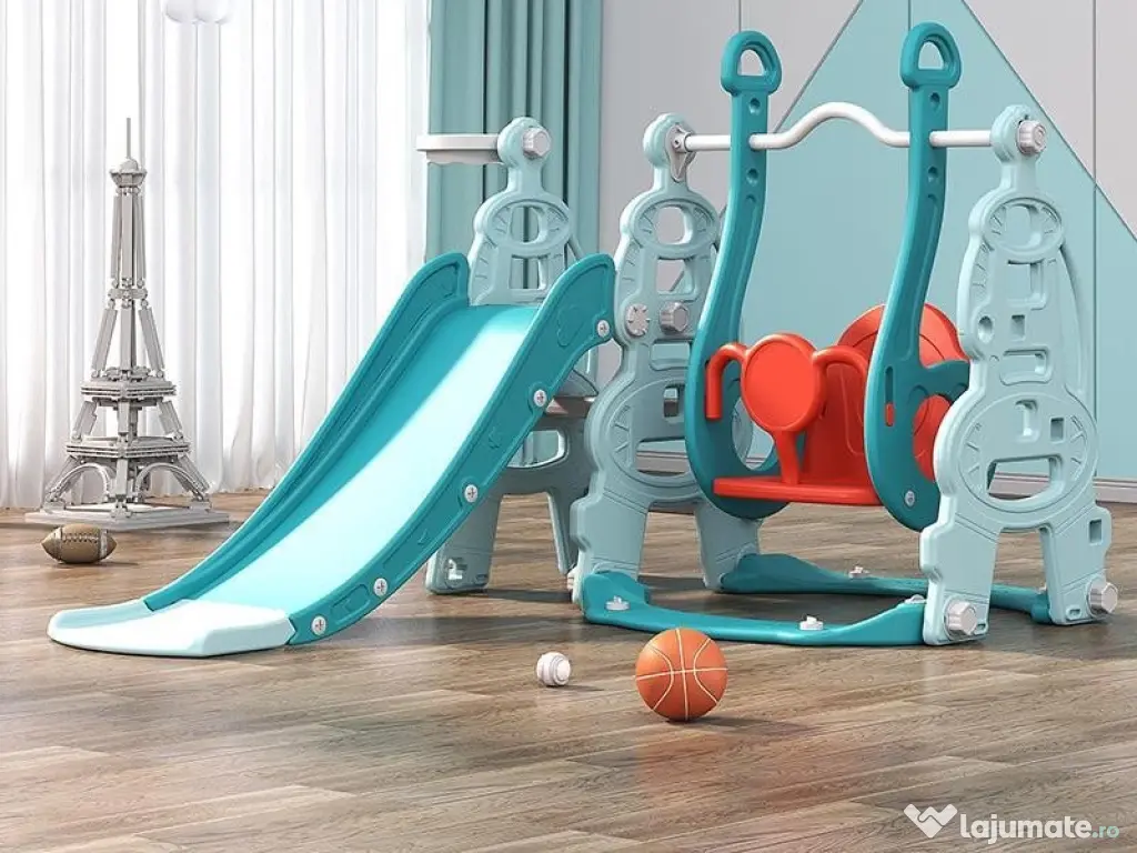 Ansamblu de joaca pentru copii Kinderplay, 4 in 1, cu leagan, tobogan, Blue