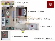 Studio 50 mp, etaj intermediar, cu balcon si loc de parcare, 