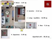 Studio 50 mp, etaj intermediar, cu balcon si loc de parcare, 