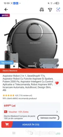 Vând aspirator robot 2-în-1 (aspirare + mop) SEVESHOP T7S – ca nou