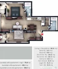 Apartament 3 camere, 2bai, 2 balcone, CF, parcare subterana, 