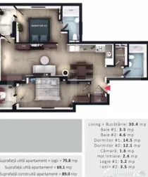 Apartament 3 camere, 2bai, 2 balcone, CF, parcare subterana,