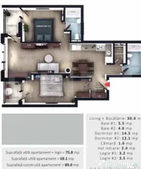 Apartament 3 camere, 2 bai, 2 balcone, CF, parcare, boxa, Zo 
