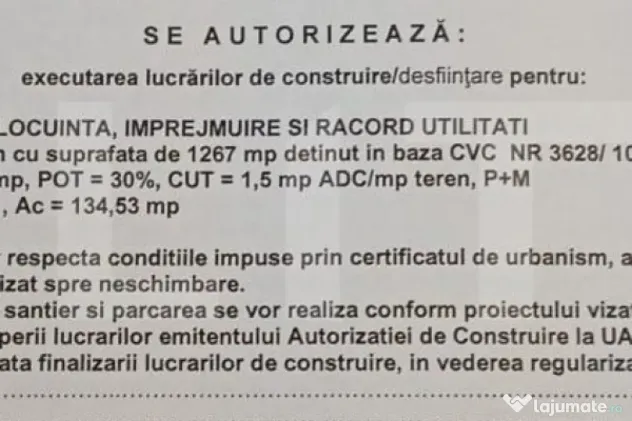 Teren 1.267 mp cu Autorizație de Construire emisă pentru c